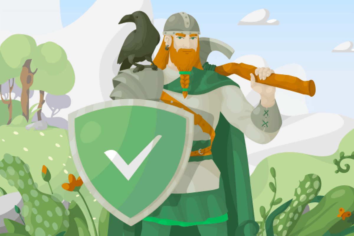 Adguard 的宣传插图，描绘了一位维京守护者手持带有对勾的绿色盾牌，象征其强大的广告拦截和网络过滤功能——这也是导致网页加载变慢问题的根源