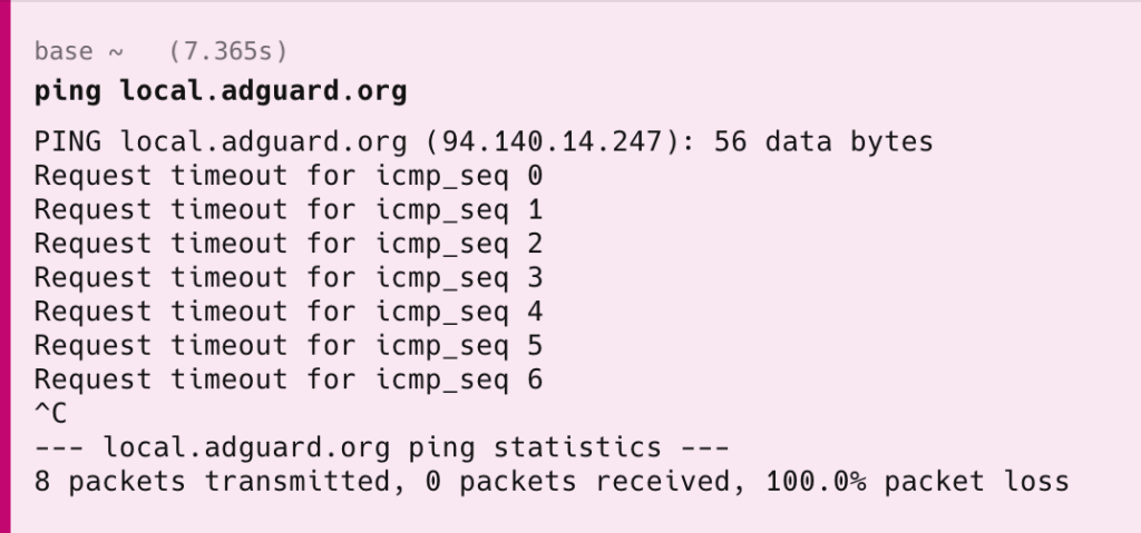 一张终端命令行的截图，显示了执行 'ping local.adguard.org' 命令后的结果，其中连续出现请求超时，最终统计为 100.0% 的丢包率，此图用于证明该地址无法通过 ping 命令正常访问